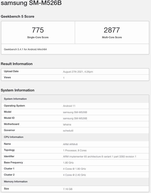 Samsung Galaxy M52 5G 8GB з'явився на Geekbench