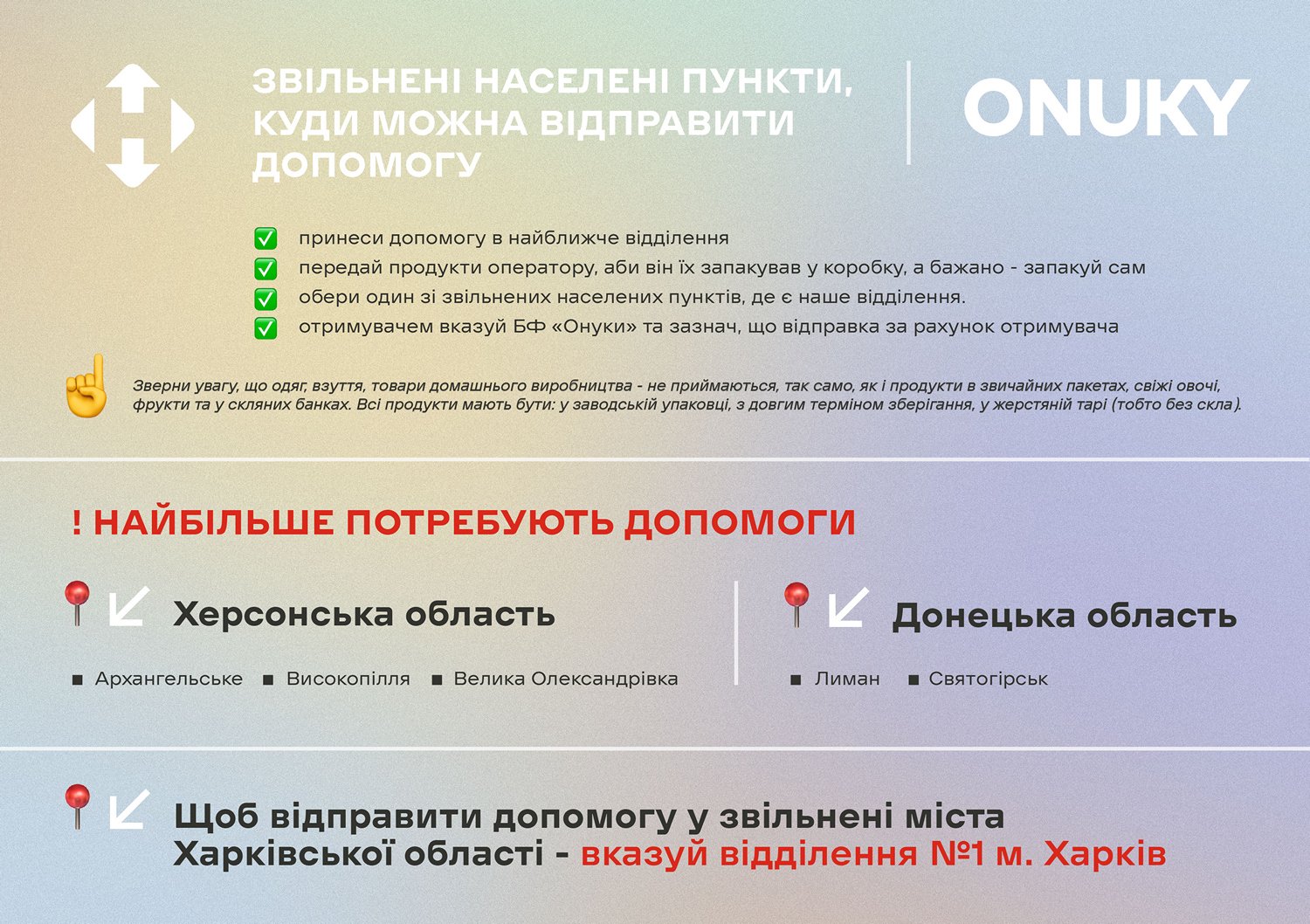 Купуй та принось допомогу. Нова пошта та БФ Онуки збирають ліки та продукти у заводській упаковці для мешканців деокупованої Херсонщини, Донеччини та Харківщини