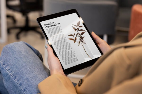 side view woman reading digital magazine