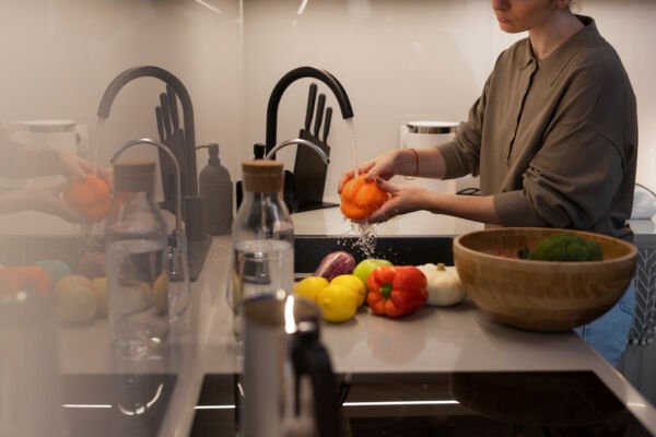 side view woman washing bell pepper