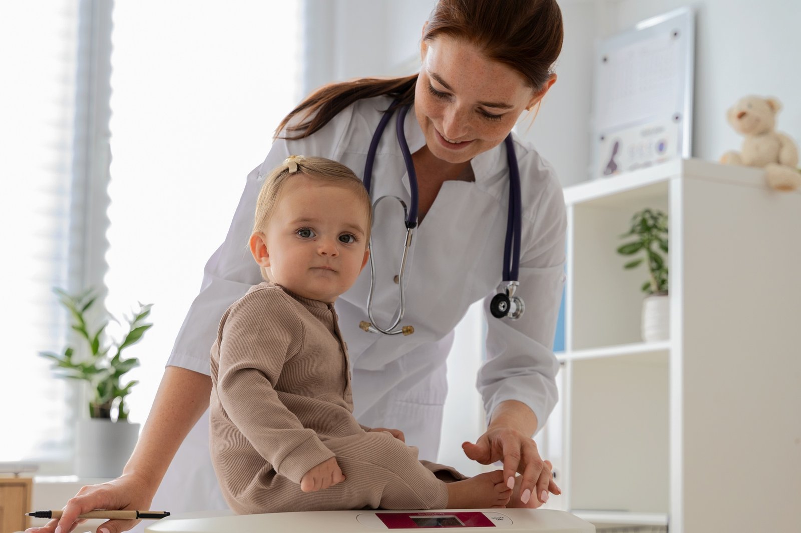 medium shot smiley doctor weighing baby