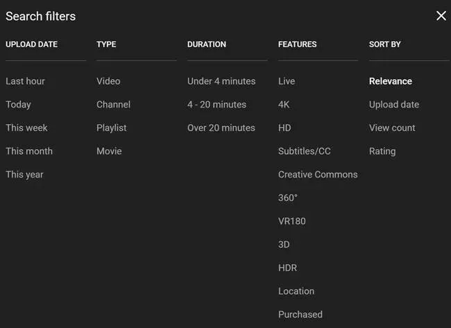 YouTube фільтри пошуку