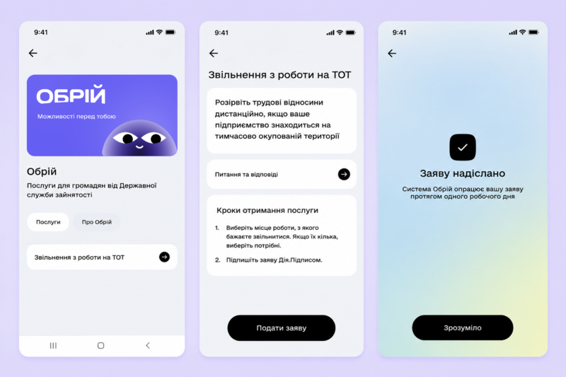 Обрій.Робота в Дії, звільнення через Дію, як звільнитися з роботи на окупованій території, звільнення з ТОТ онлайн, припинення трудових відносин, Дія.Підпис, послуги Дії, Обрій, цифрові послуги для працівників, Міністерство економіки України, Державна служба зайнятості, робота в Україні, гранти на професійний розвиток